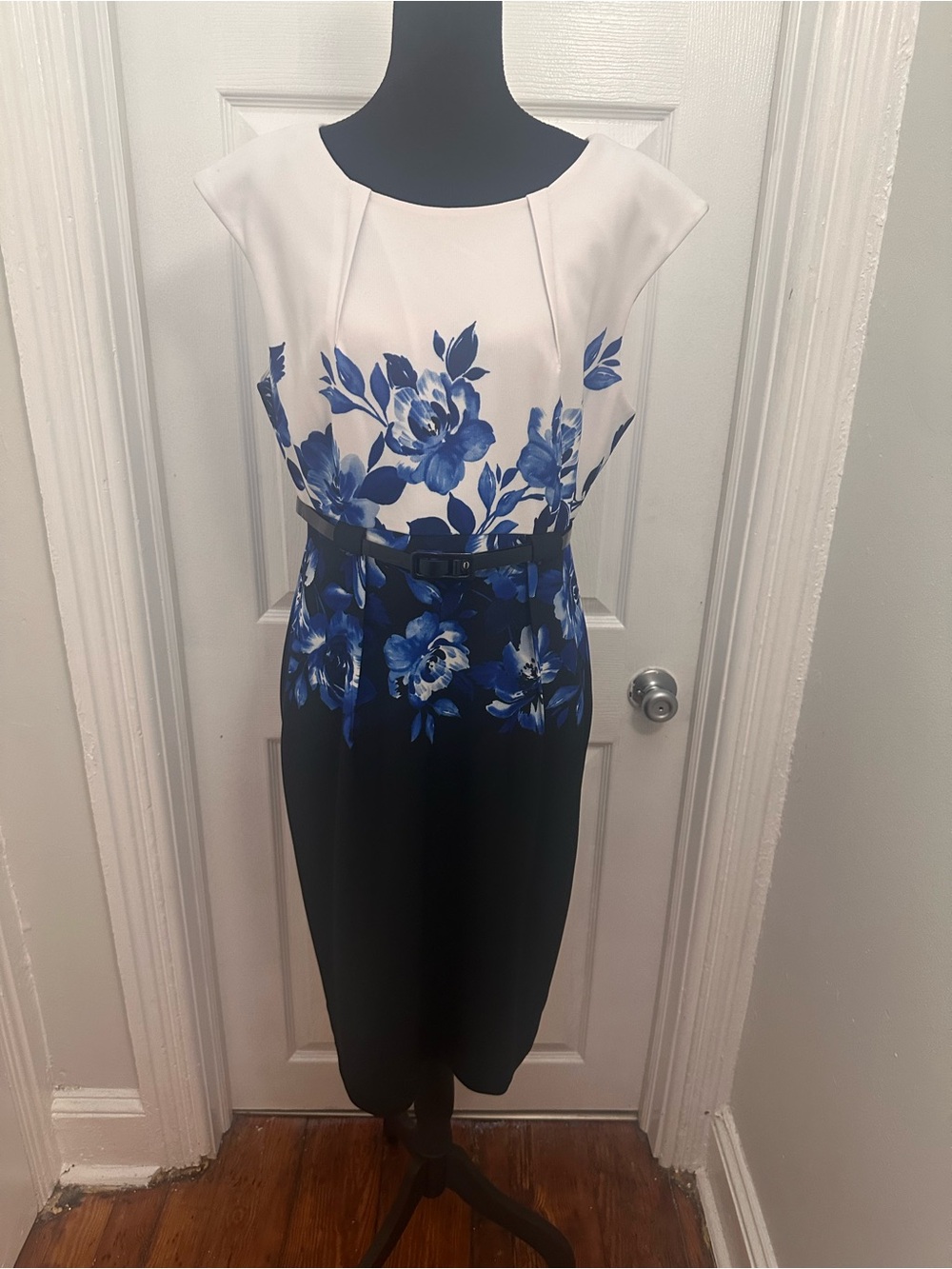 connected apparel White and Blue Strapless Floral Sheath Dress